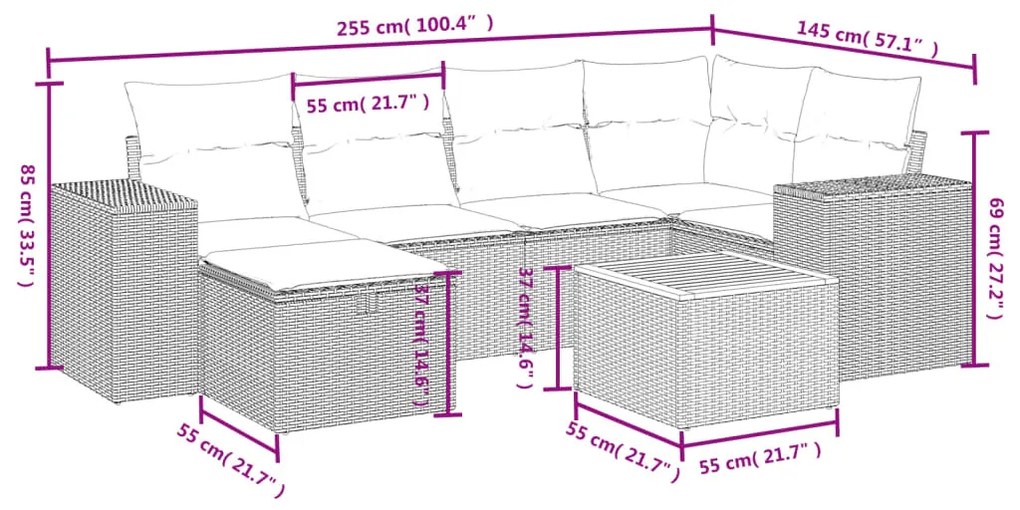 7 részes bézs polyrattan kerti ülőgarnitúra párnákkal