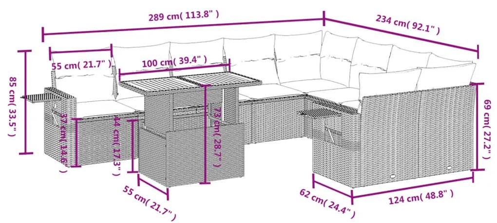 10 részes bézs polyrattan kerti ülőgarnitúra párnával