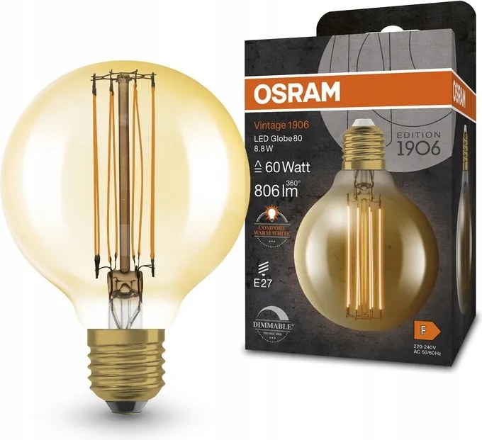 Led izzó G80 E27 8,8W 60W 2200K Szabályozható Vintage Filament Osram