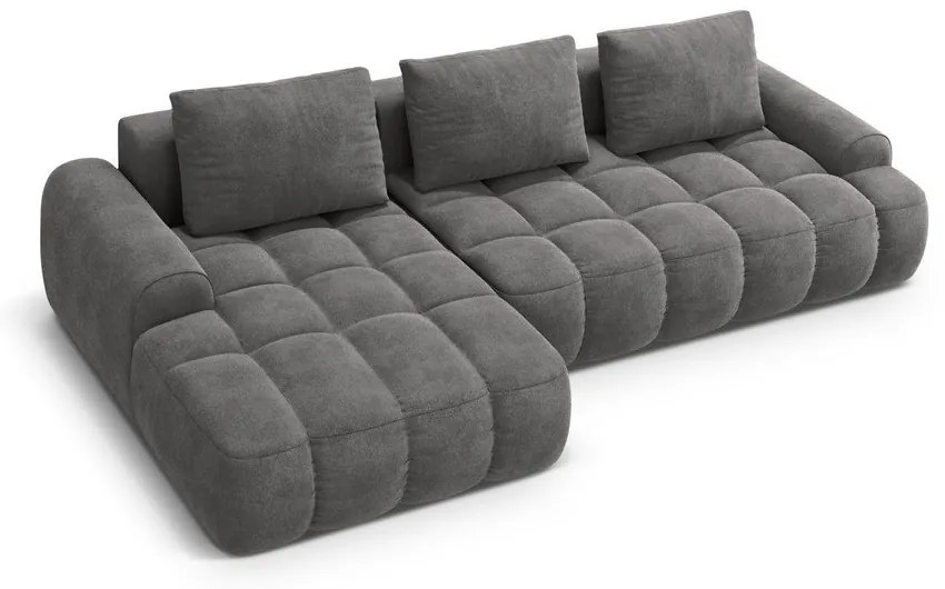 Szürke bársony kinyitható-tárolóhelyes sarokkanapé (bal oldali-heverő résszel) Linz – Cosmopolitan Design