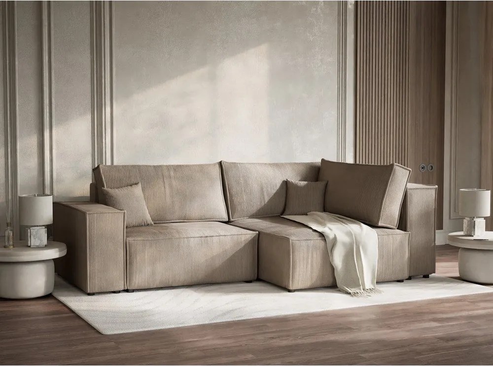 Bézs kordbársony kinyitható-tárolóhelyes sarokkanapé (jobb oldali-L alakú) Tonga – Maison de Rêve