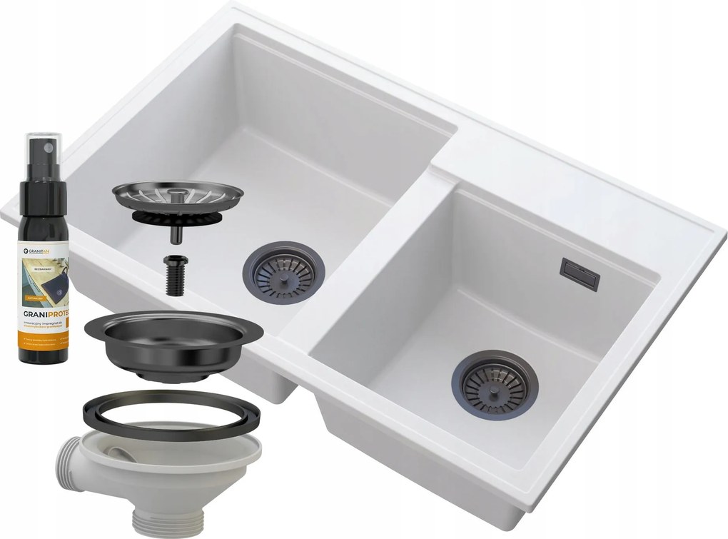 Gránit Mosogató 2REKESZES Fehér Szifon Fekete Hektor
