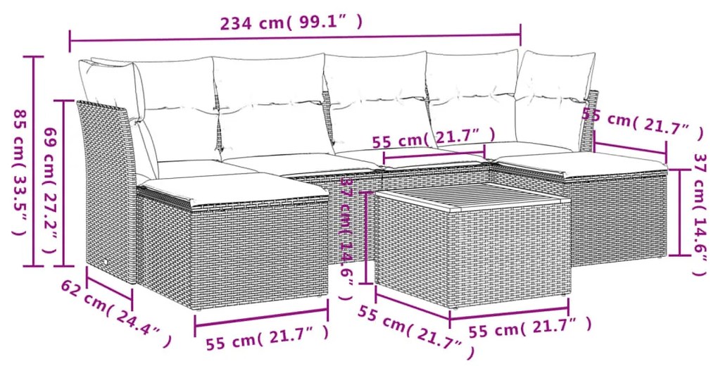 7 részes fekete polyrattan kerti ülőgarnitúra párnával