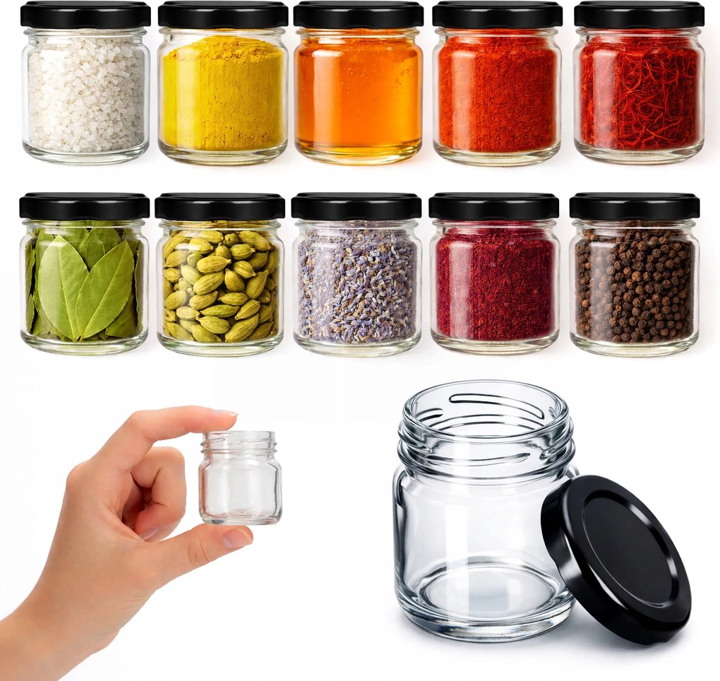 10 db Üveg Tároló Befőttesüveg 40ml Méz Fűszer Ajándék Kupakok