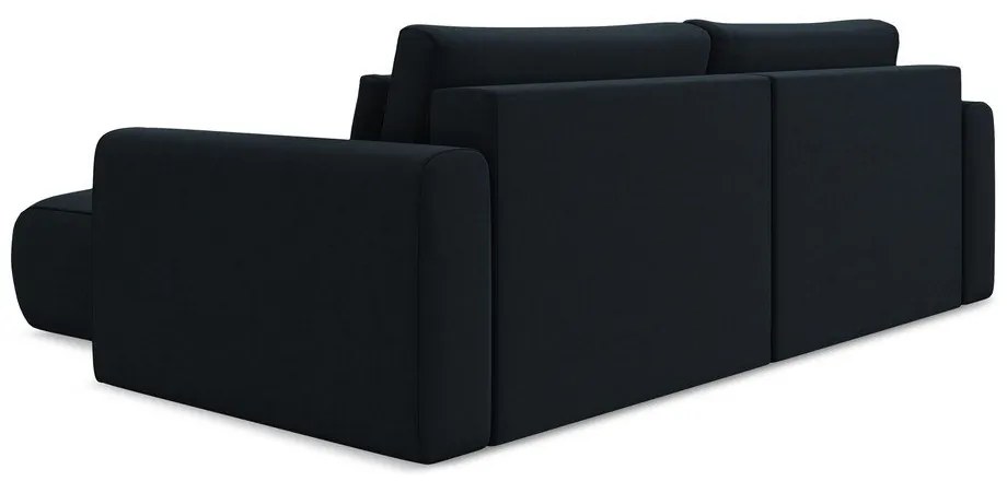 Sötétkék bársony kinyitható-tárolóhelyes sarokkanapé (jobb oldali-heverő résszel) Kapua – Makamii