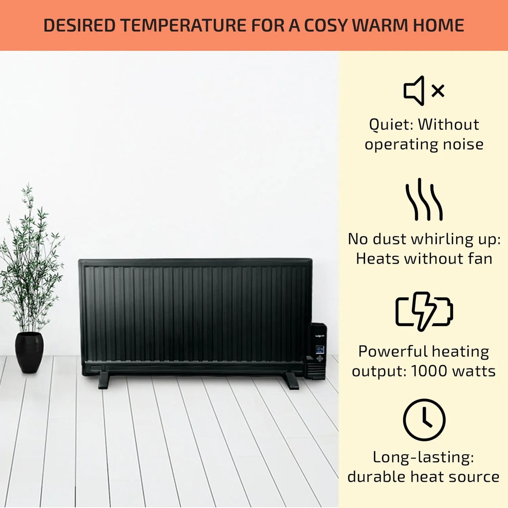 OneConcept Wallander, olajradiátor, 1000 W, termosztát, olajfűtés, lapos design, fekete