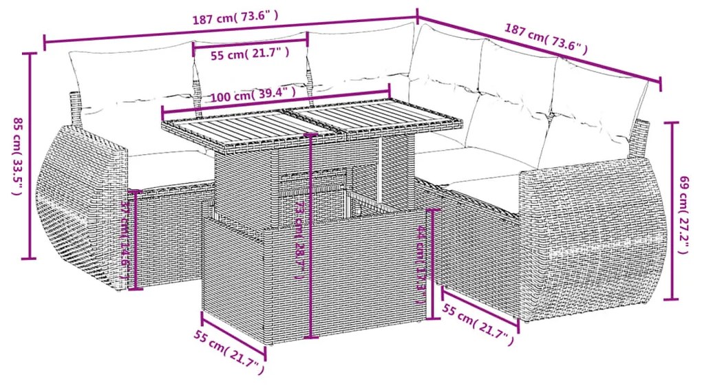 6 részes szürke polyrattan kerti ülőgarnitúra párnákkal