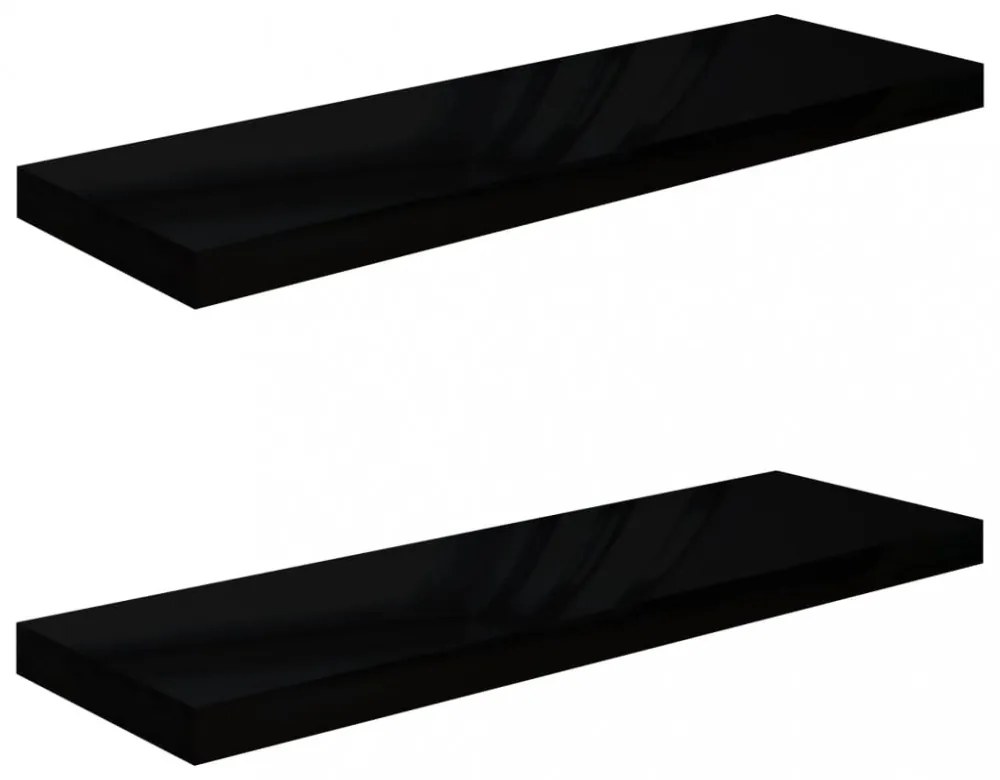 2 db magasfényű fekete MDF lebegő fali polc 80 x 23,5 x 3,8 cm