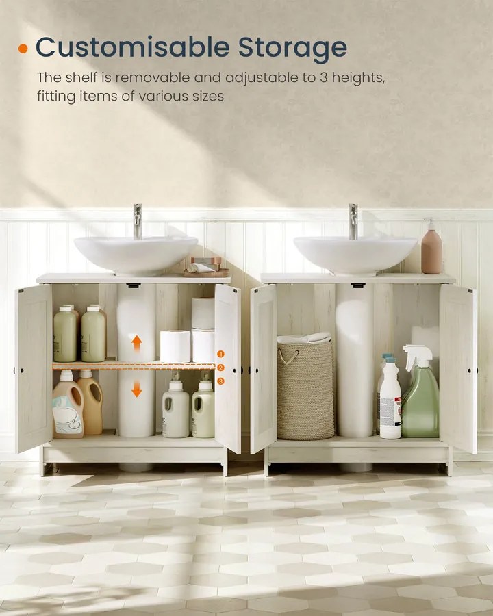 Rusztikus fehér mosdó alatti szekrény állítható polccal, szerszám nélkül