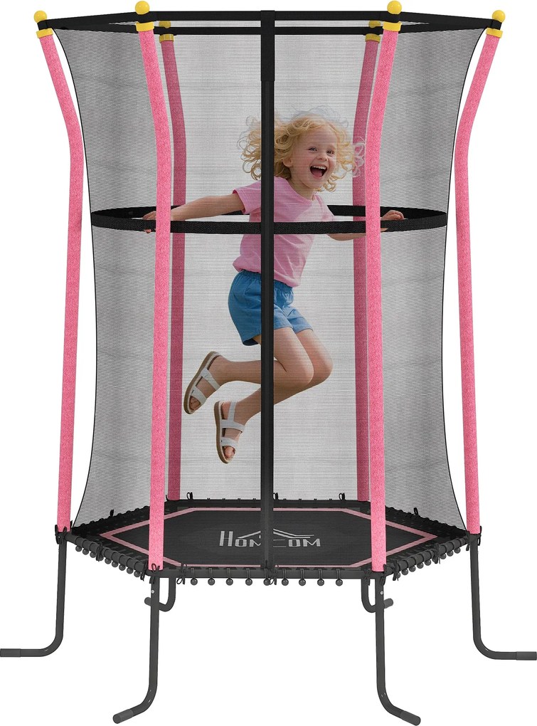 HOMCOM Gyermek Trambulin Ø163,5 cm, Belső Trambulin Biztonsági Hálóval és Sarokvédővel, Gyermek Trambulin 50 kg-ig, 3-10 Éveseknek Rózsaszín | Aosom