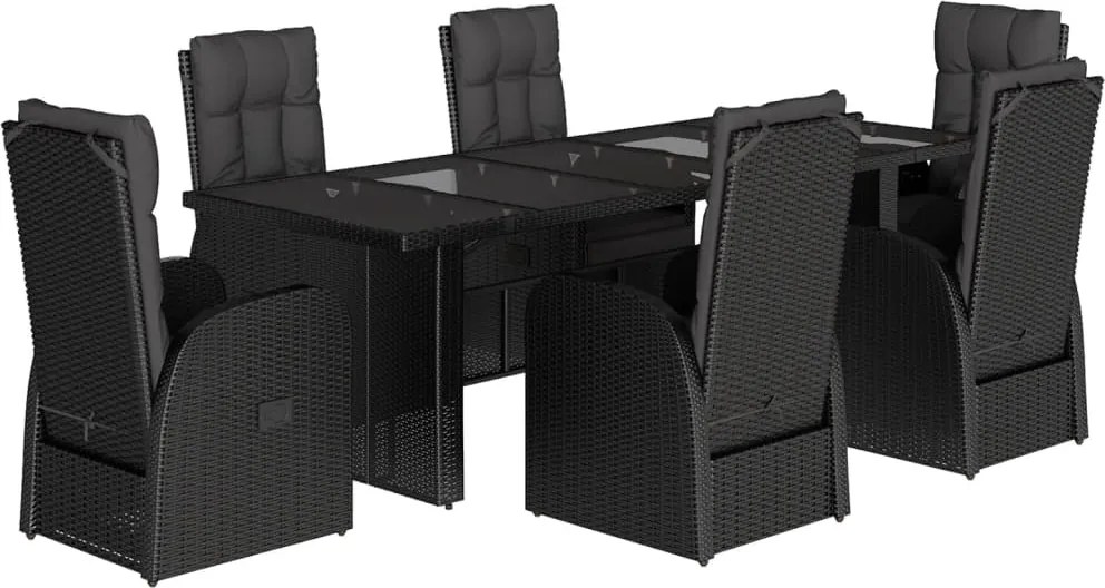 vidaXL 7 részes fekete polyrattan kerti étkezőgarnitúra párnával