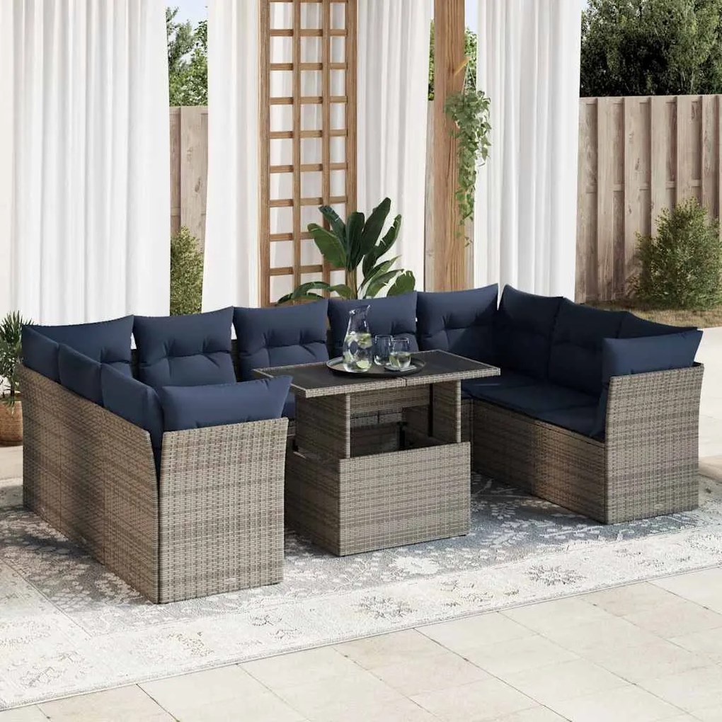 10 részes szürke polyrattan akácfa kerti ülőgarnitúra párnákkal