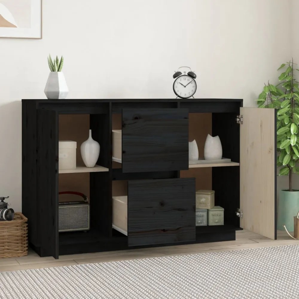 fekete tömör fenyőfa tálalószekrény 111 x 34 x 75 cm