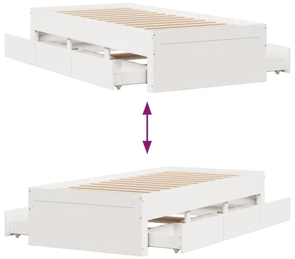 fehér tömör fenyőfa fiókos ágykeret matrac nélkül 75 x 190 cm