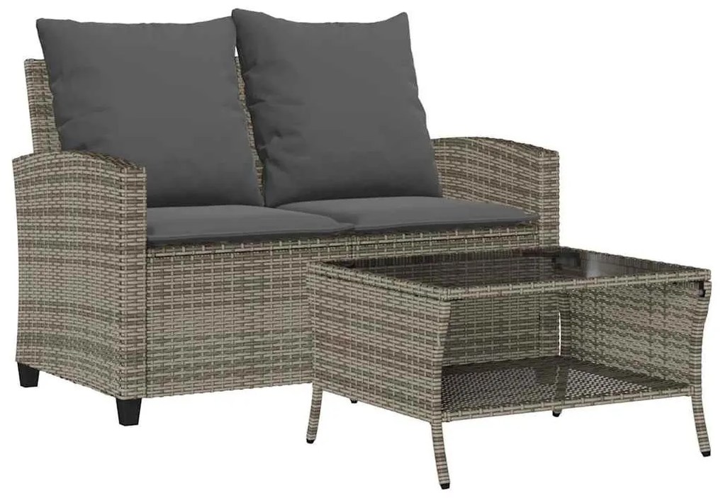 2 személyes szürke polyrattan kerti kanapé asztallal&amp;párnával