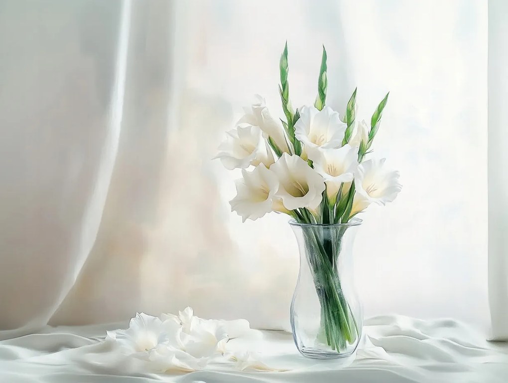 Vászonkép Canvas Virágok Fehér Gladiola Kard Váza Természet 100x75