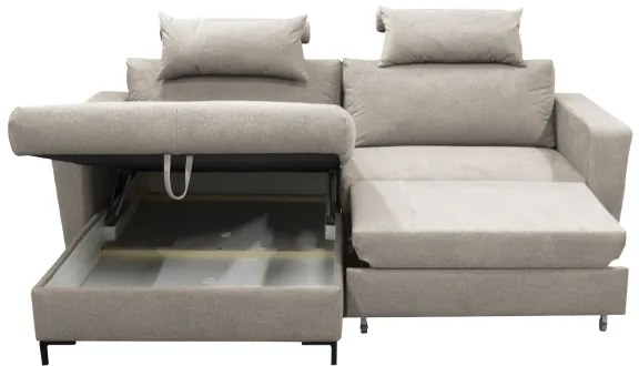 L-alakú, balos elrendezésű, ággyá alakítható sarokgarnitúra tárolóval HORTA, szürke