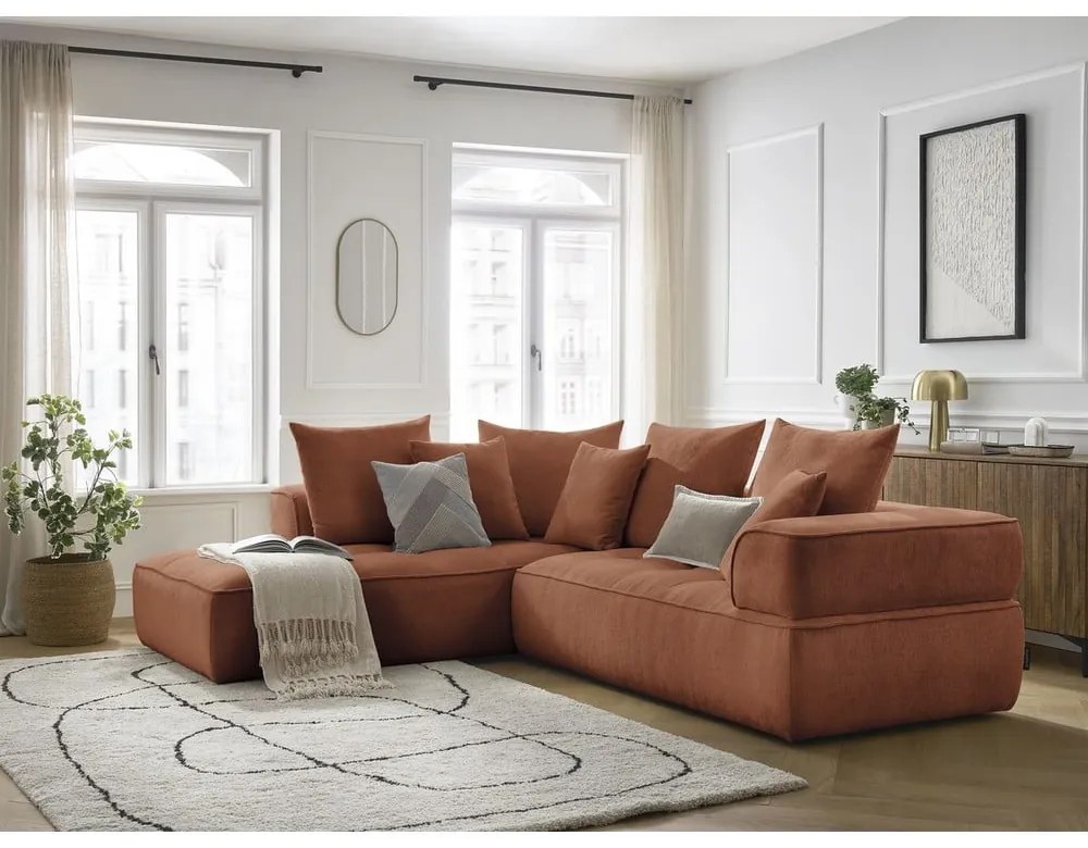 Terrakotta színű zsenília sarokkanapé (bal oldali-L alakú) Whesley – Bobochic Paris