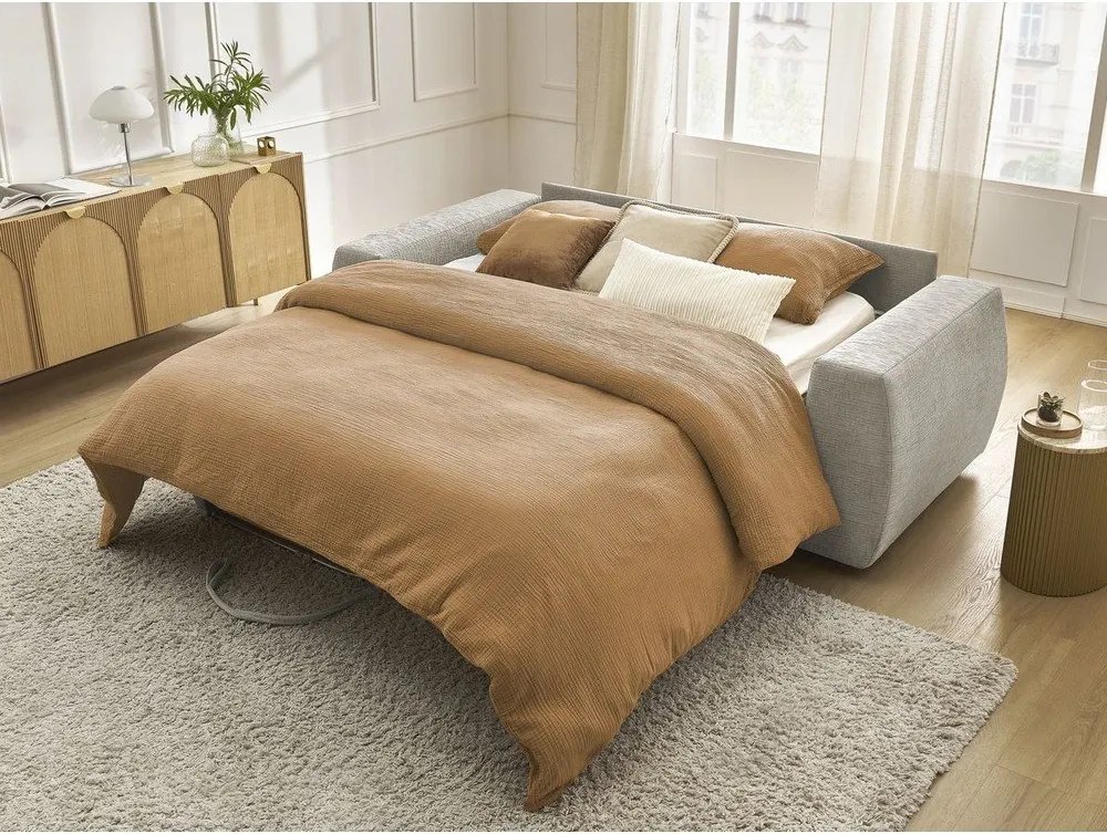 Bézs zsenília kanapé mindennapos alvásra-kinyitható 240 cm Hugo – Bobochic Paris