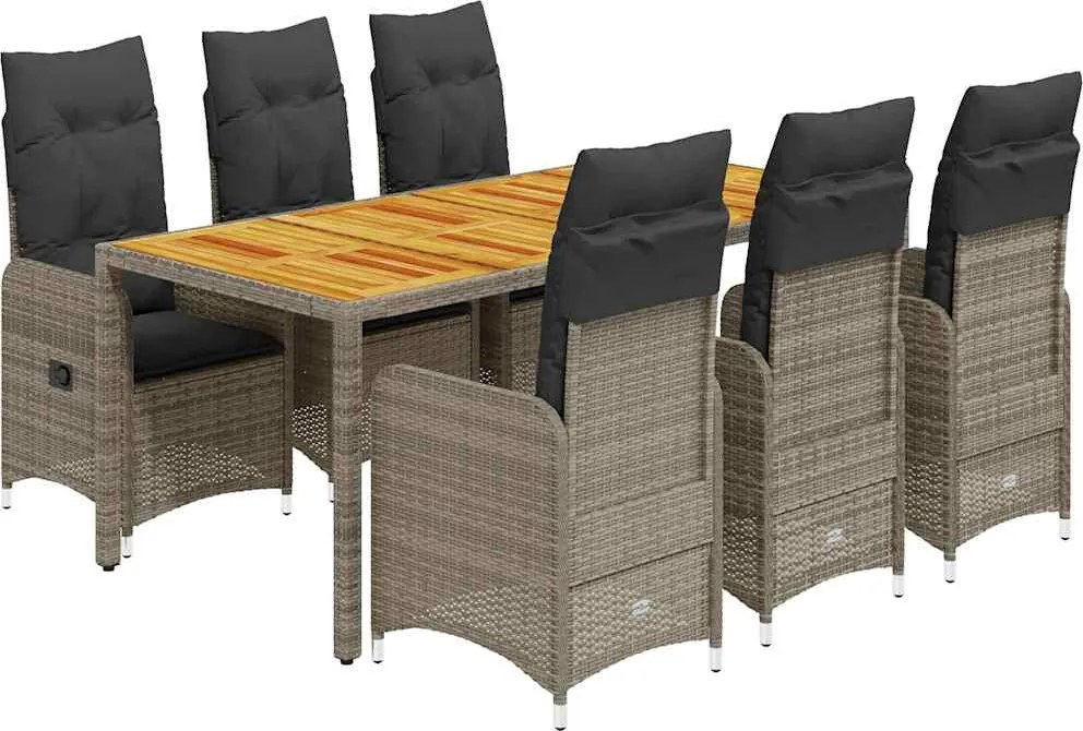 vidaXL 7 részes szürke polyrattan kerti bisztrógarnitúra párnákkal