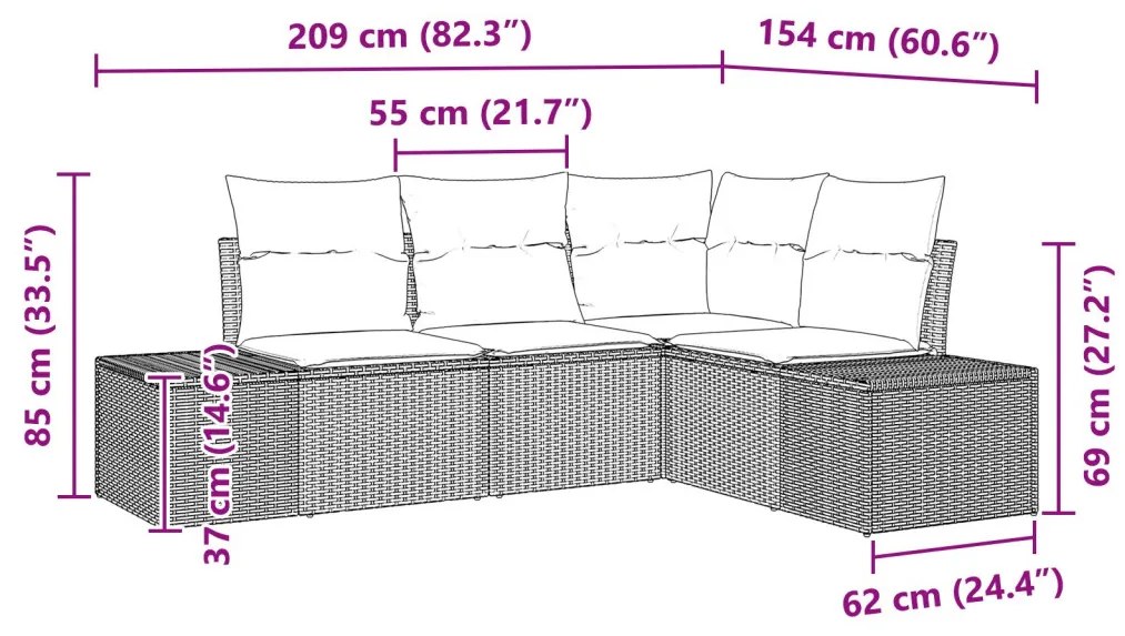 4 darabos kerti kanapészett párnákkal, világosszürke poli rattan