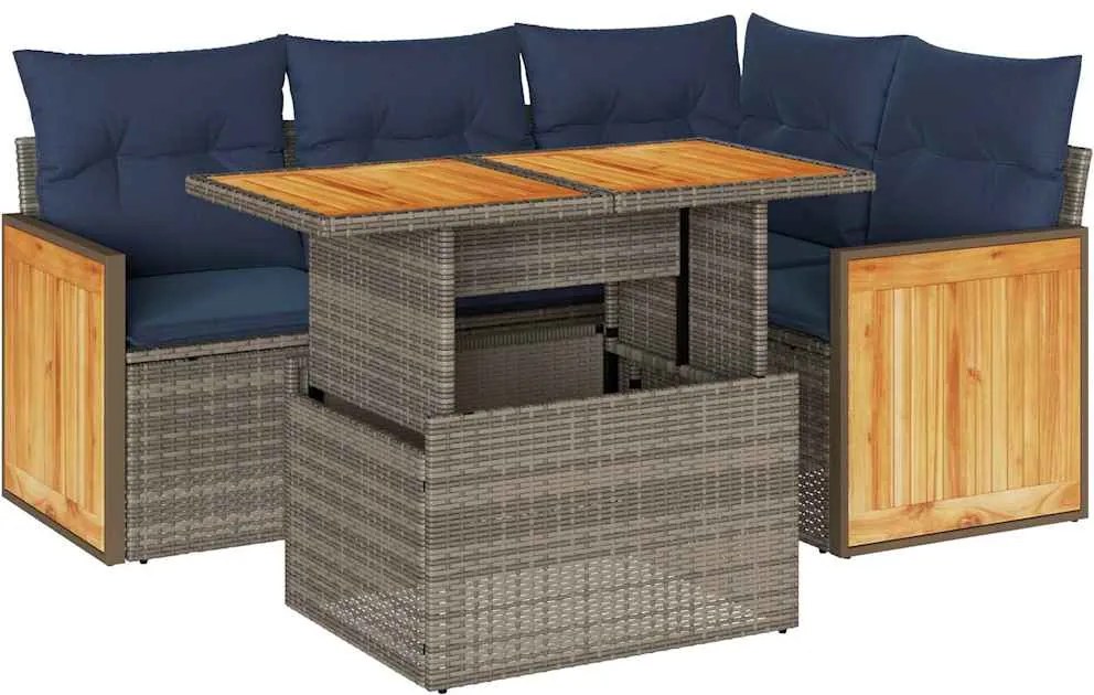 vidaXL 5 részes szürke polyrattan akácfa kerti ülőgarnitúra párnákkal