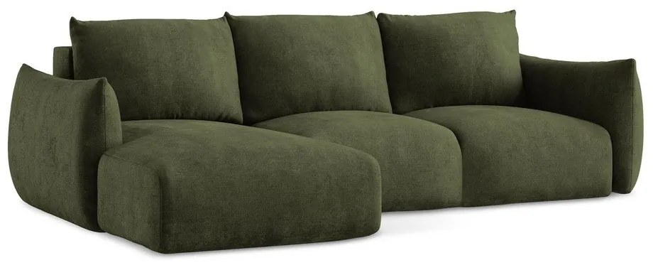 Zöld zsenília kinyitható sarokkanapé (bal oldali-heverő résszel) Leila – Makamii