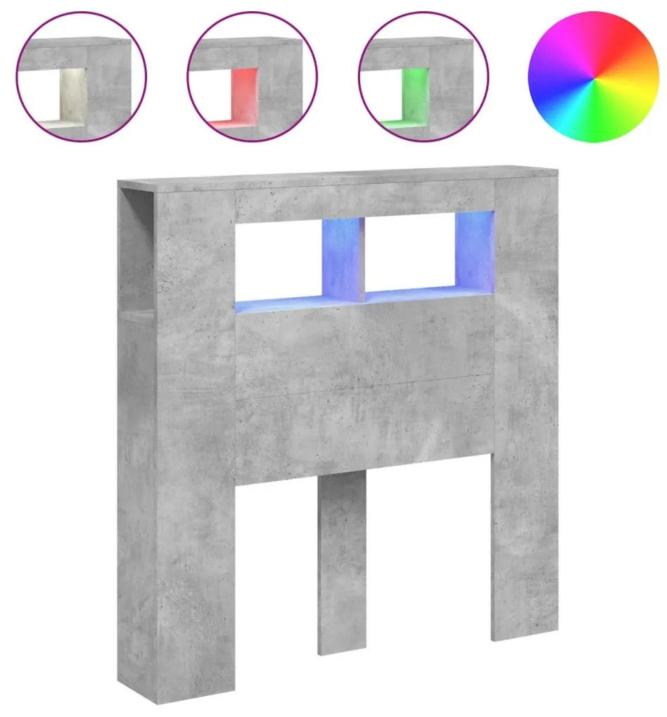 betonszürke szerelt fa LED-es fejtámla 100x18,5x103,5 cm