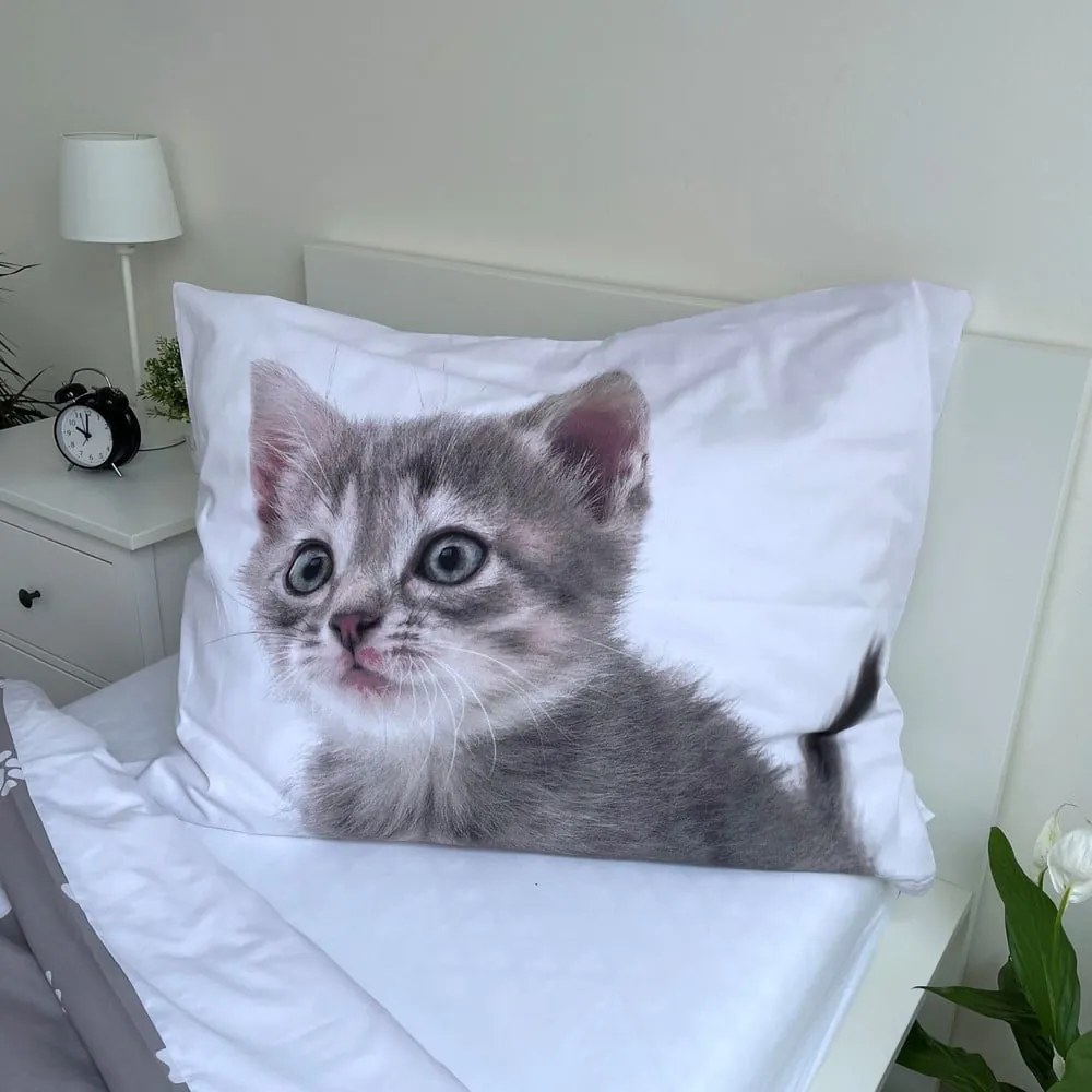 Fehér-szürke egyszemélyes pamut gyerek ágyneműhuzat 140x200 cm Kitten "Grey" – Jerry Fabrics