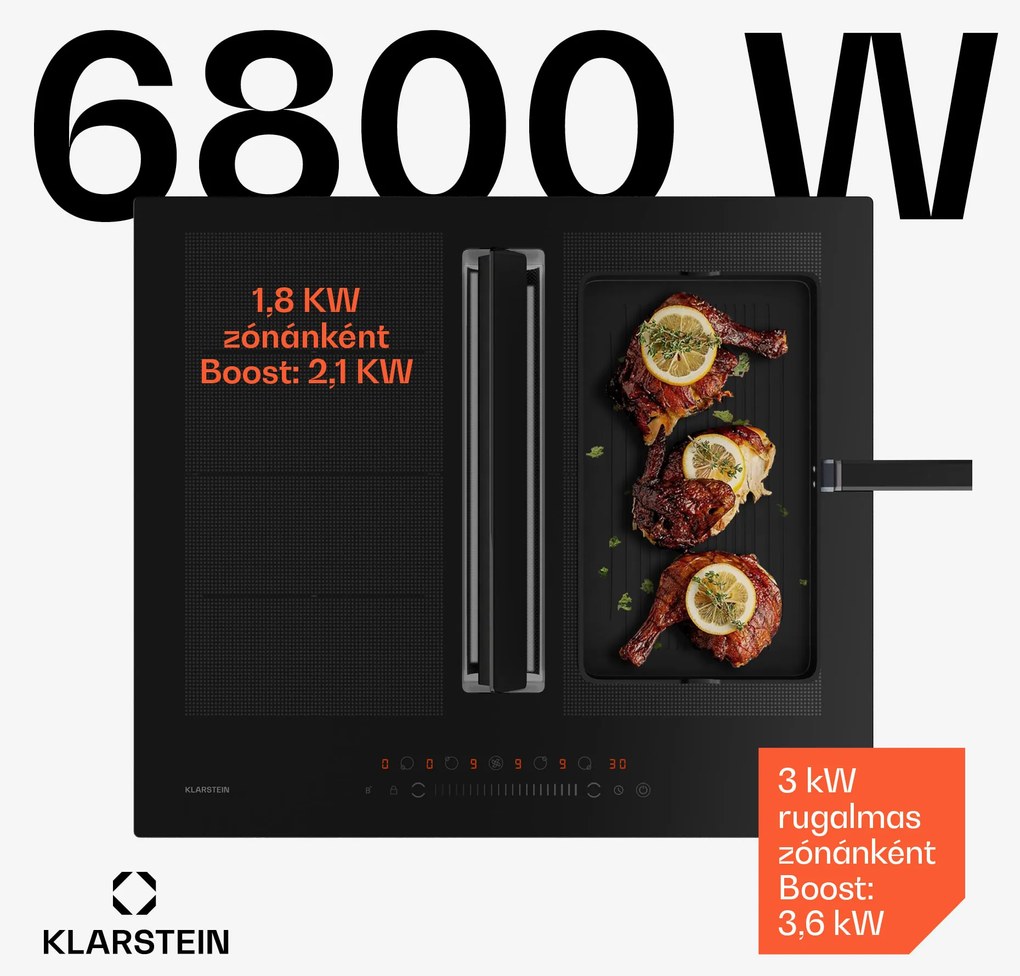 Klarstein Chef-Fusion Down Air System, indukciós tűzhely + DownAir páraelszívó, 60 cm, 600 m³/h EEC A