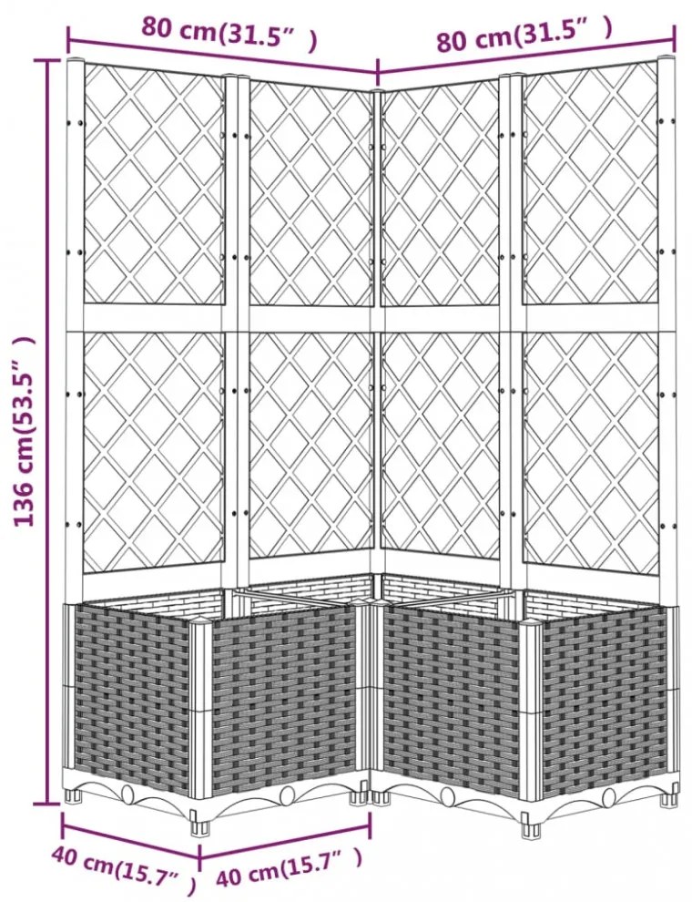 sötétszürke PP rácsos kerti ültetőláda 80 x 80 x 136 cm