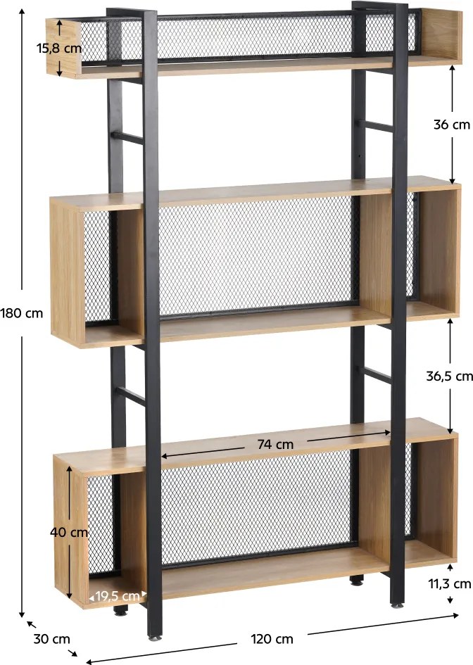 3 polcos polcállvány, tölgy/fekete, KILIS NEW TYP 3
