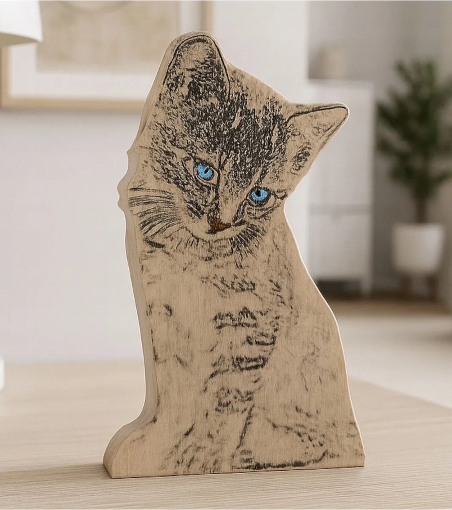 Cica Természetes Fa Dekoráció Kézzel készített Macska 30cm Dekoráció Kézműves