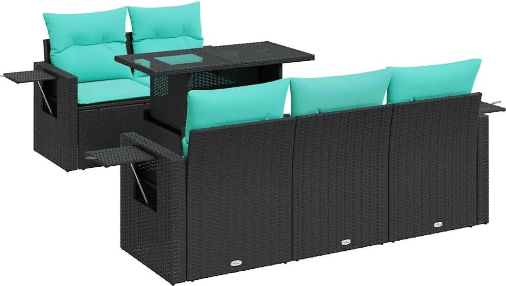 vidaXL 6 részes fekete polyrattan akácfa kerti ülőgarnitúra párnával