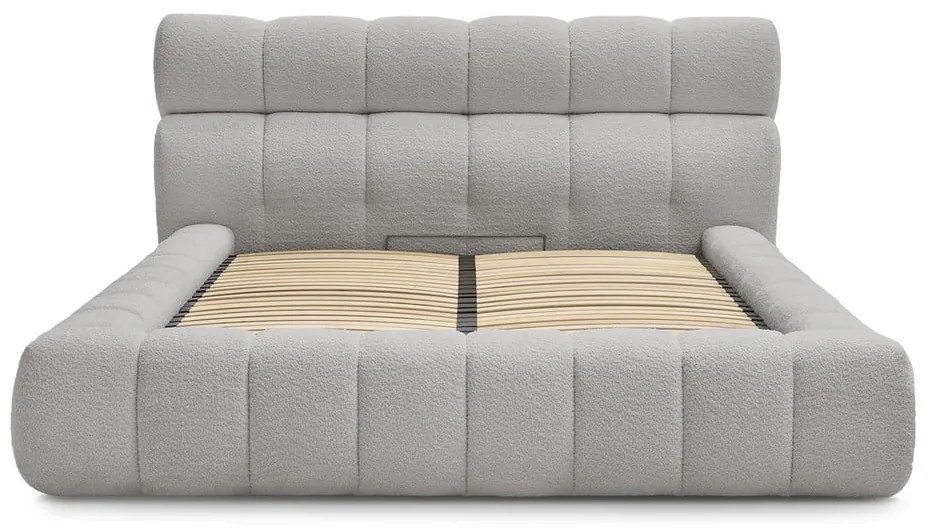 Világosszürke kárpitozott ágyneműtartós franciaágy ágyráccsal 160x200 cm Mont Blanc – Bobochic Paris