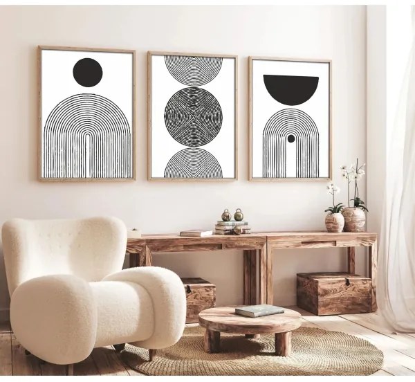 KÉSZLET 3x Kép képkeretben 50x70 cm fekete/fehér