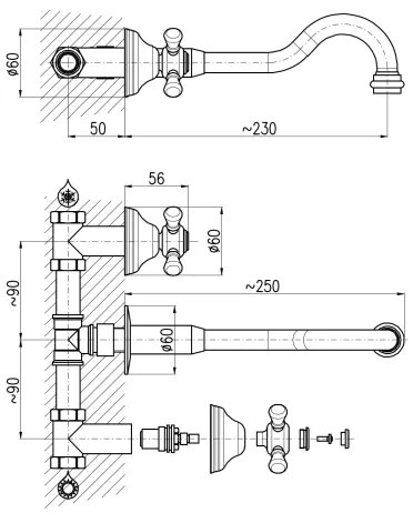 RAV Slezák MK131SM - Falba süllyeszthető mosdócsaptelep, MORAVA RETRO, sárgaréz kivitel