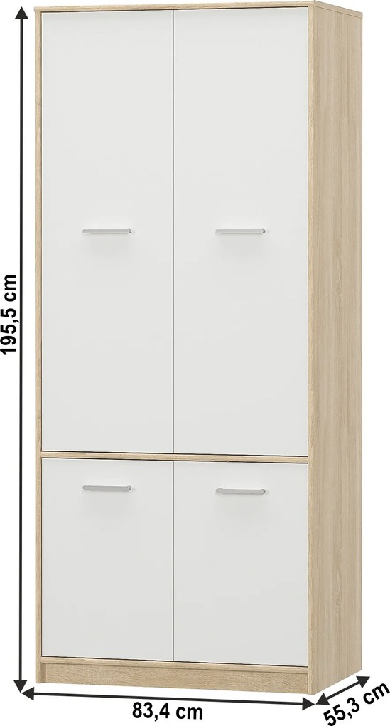 4- ajtós akasztós szekrény, fehér/tölgy sonoma, TEYO