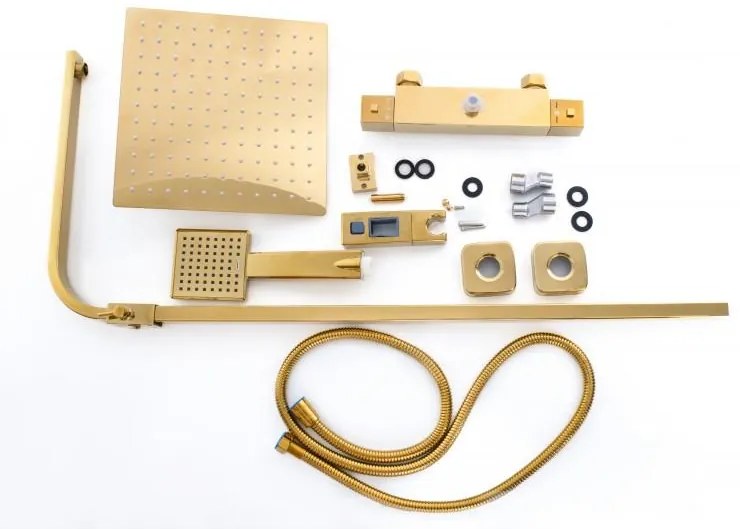 Erga Goba, zuhanygarnitúra termosztatikus csapteleppel és esőfejjel 25x25 cm, fényes arany, ERG-YKA-BP.GOBA-THERM-25-GLD