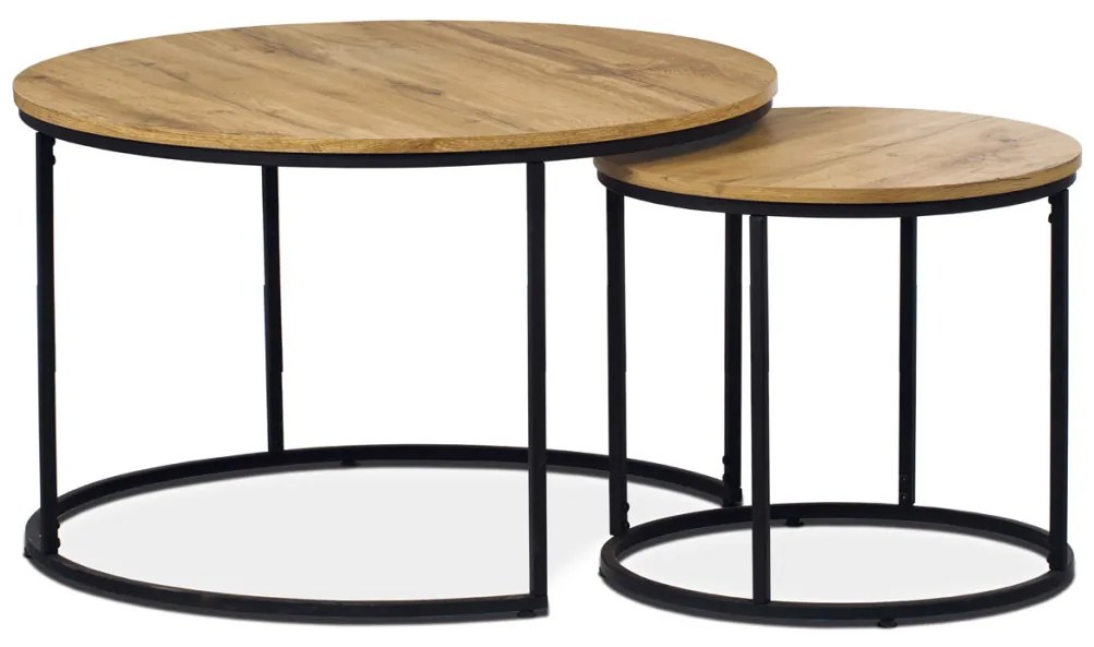 Set masuță de cafea din 2 buc, blat MDF, decor stejar salbatic, bază metalică, lac negru