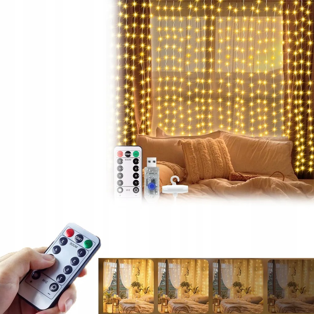 Fényfüggöny Led függöny 3x3 m 300 Led Usb távirányító+ akasztók