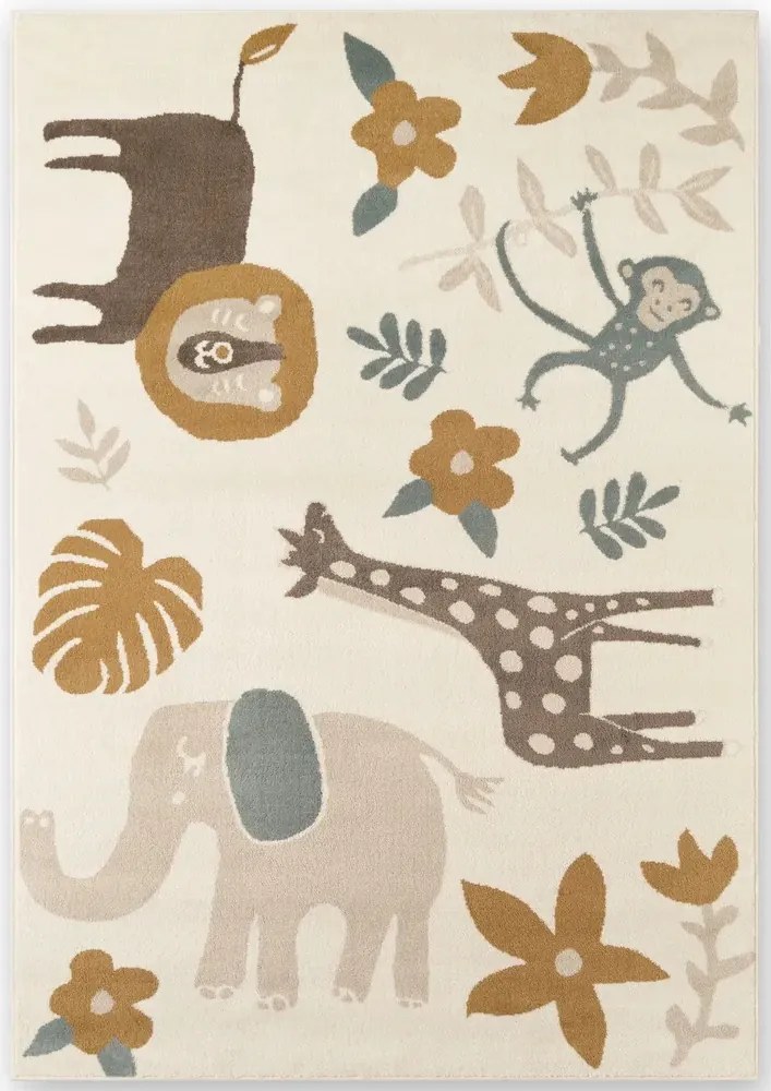 Gyerekszőnyeg 160x230cm, krémszínű afrikai állatokkal,puha szőr