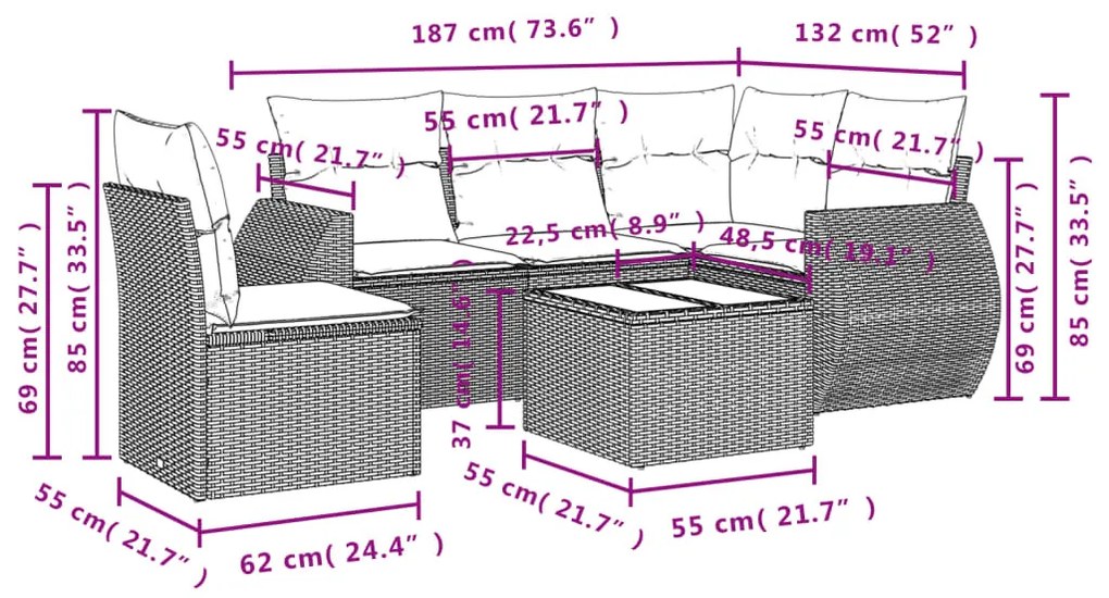 6 részes bézs polyrattan kerti ülőgarnitúra párnával