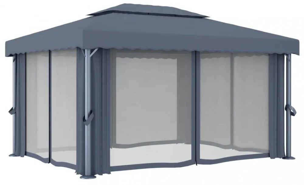 antracitszürke pavilon függönnyel és LED fényfüzérrel 4 x 3 m