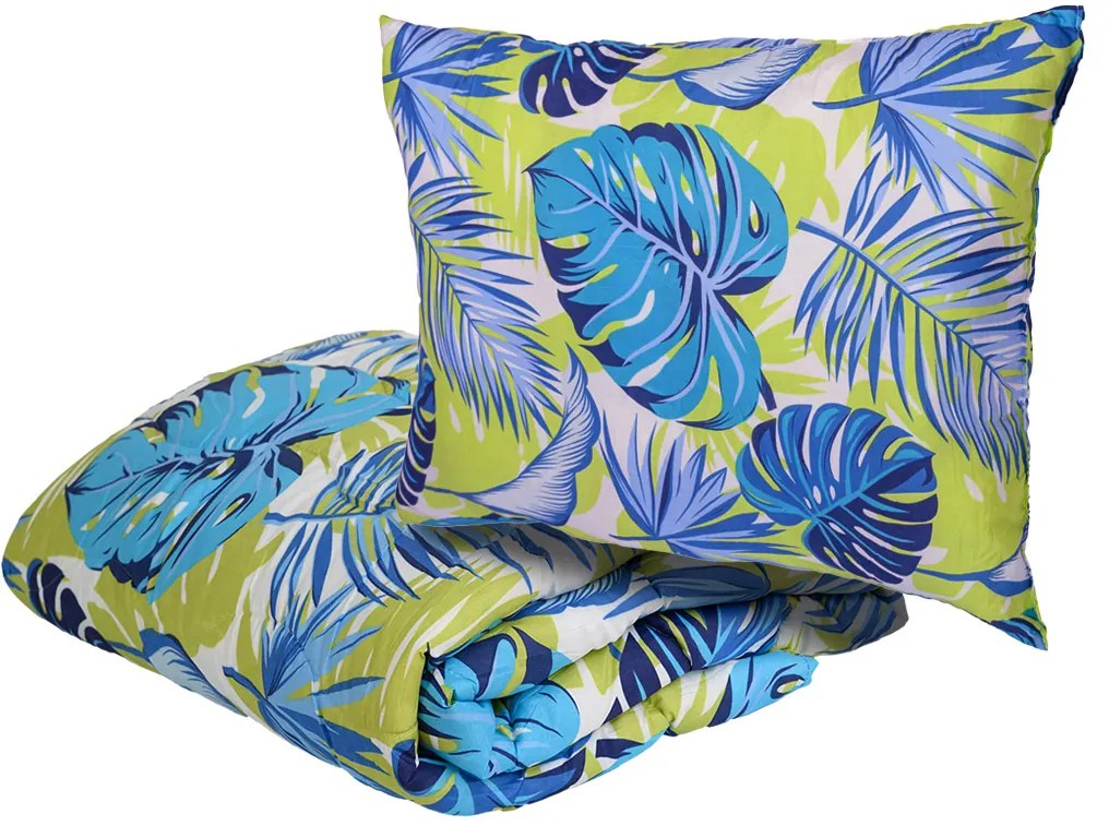 Egész éves steppelt takaró 140x200 cm párnával ARECANO kék-zöld 70x90 cm