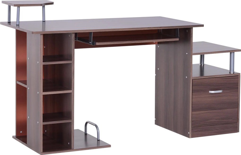 HOMCOM Számítógép Íróasztal 120 cm Több Polccal, Fiókkal, Billentyűzet Tárolóval, Monitor és Nyomtató Állványokkal 152x60x88 cm Barna | Aosom