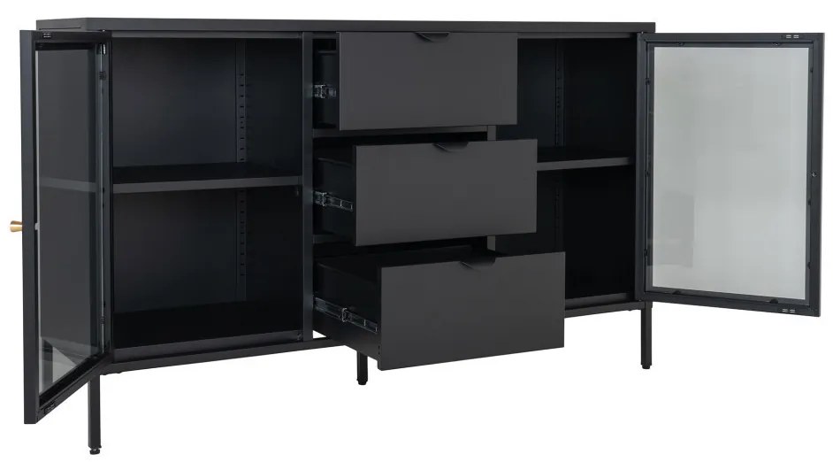 Dalby vitrines komód, 2 ajtó, 3 fiók, acél, fekete 140x40x85 cm