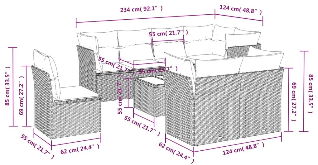 9 részes bézs polyrattan kerti ülőgarnitúra párnákkal