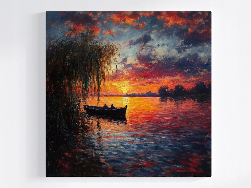 Vászonkép Canvas Tájkép Tó Csónak Halász Naplemente 80x80