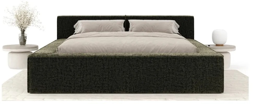 Sötétzöld kárpitozott ágyneműtartós franciaágy ágyráccsal 180x200 cm Voliera – Maison de Rêve